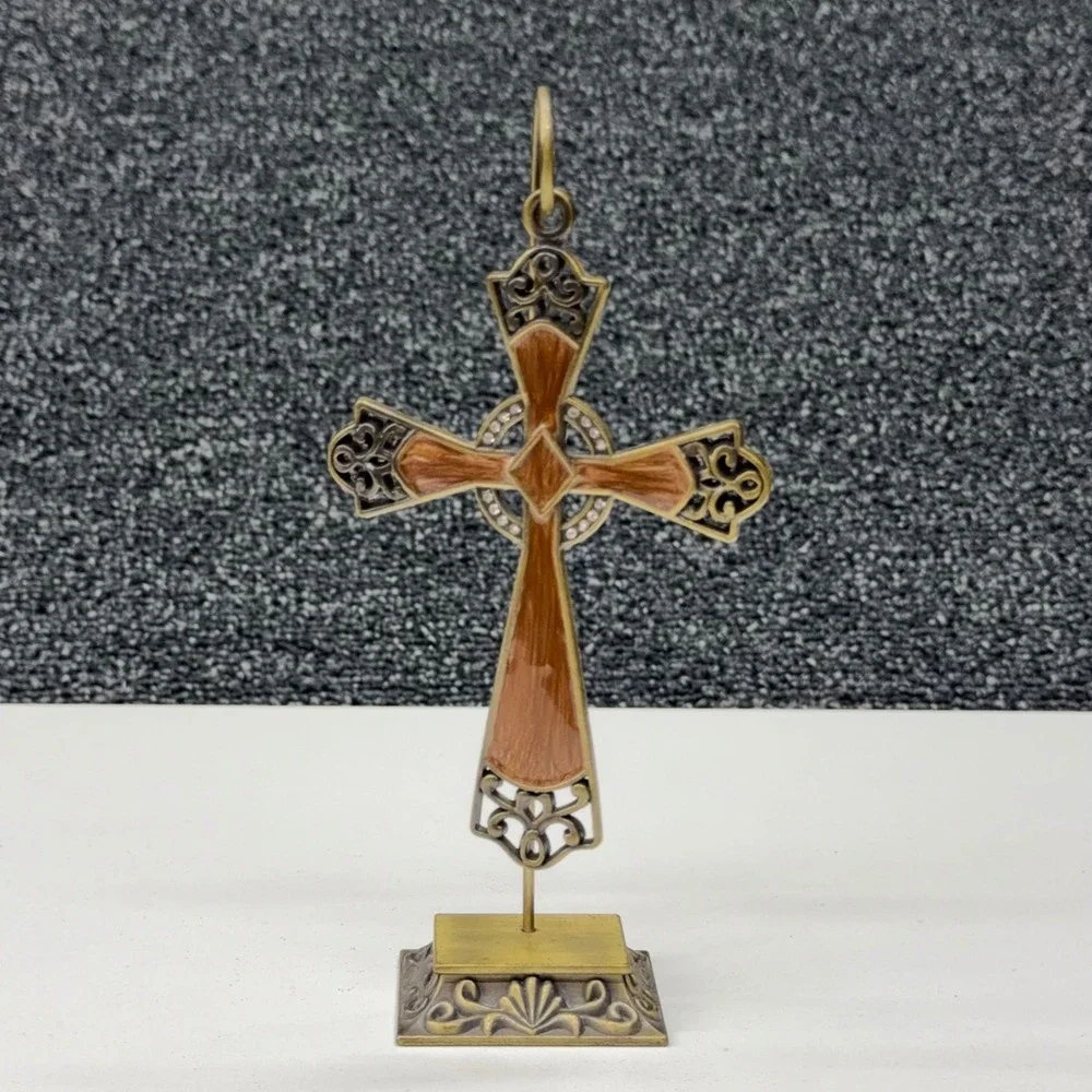 Celtic Cross Ornament with Stand Antique Brass‎ Brown Enamel Rhinestone 5 Inch
